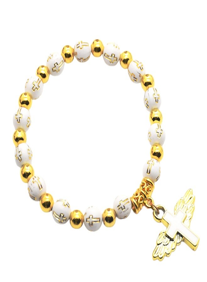 CACALOSS Angel Wing Cross Bracelet Religious Rosary for Baptism Church Event Women Gold - Image 1